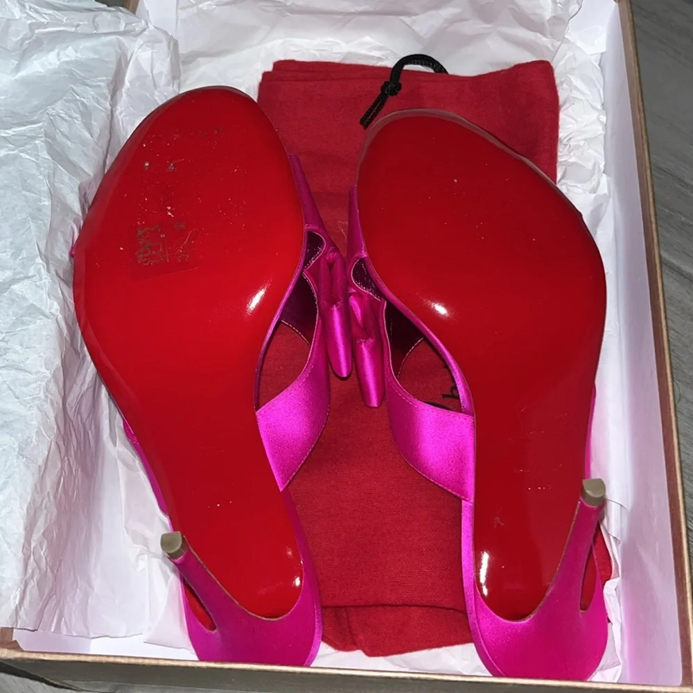 Christian Louboutin Matricia 100 Holly Pink Satin Backless Sandal Heel Pump 38.5